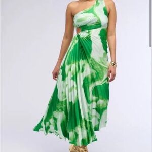 AKIRA Green and Blue Asymmetrical Pleated Dress